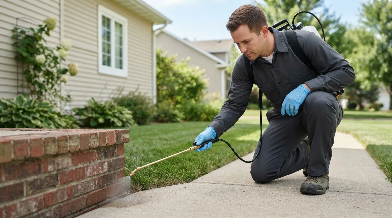 Pest control technician treating a home near Golden City, MO