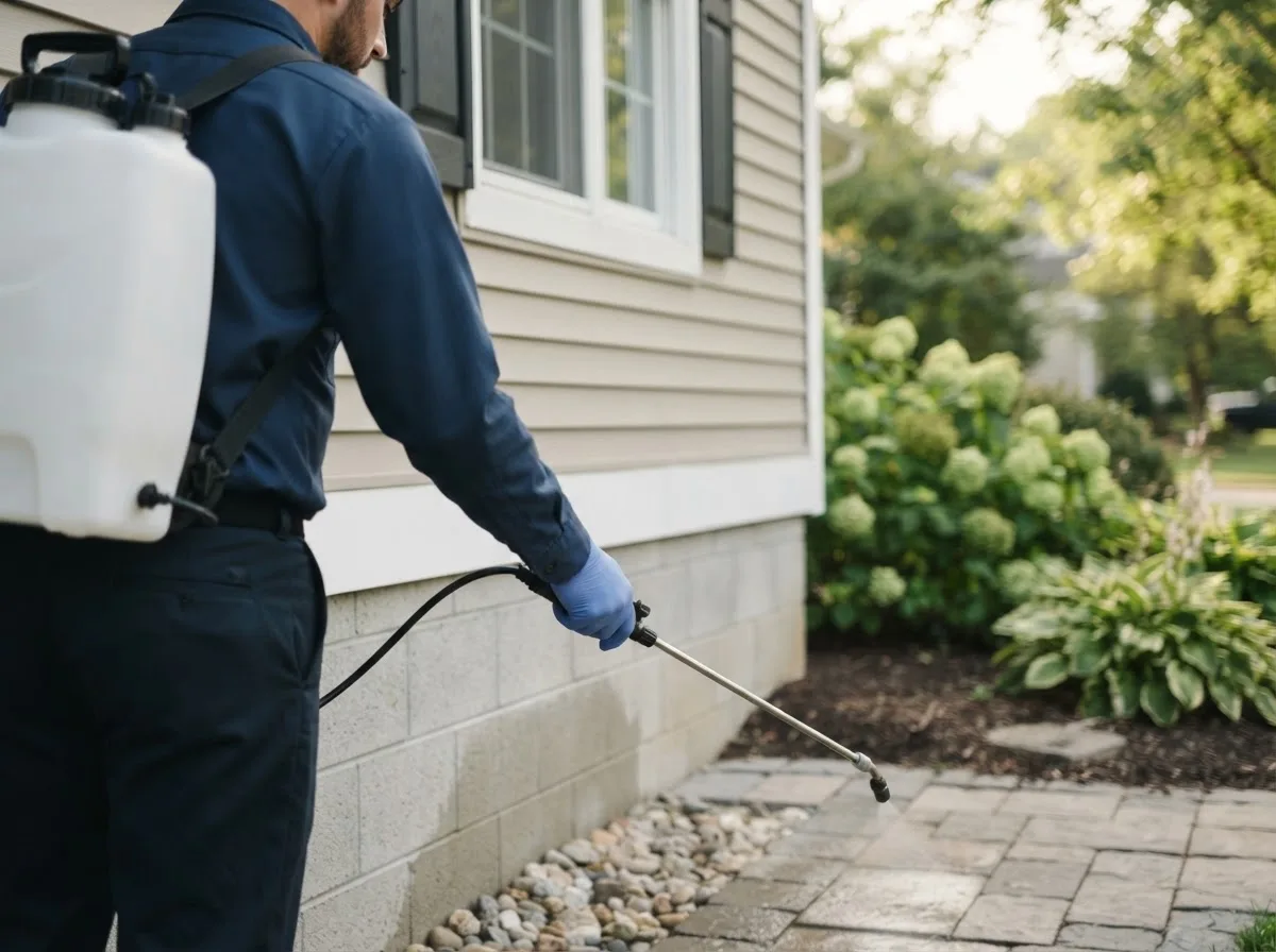 Pest control technician inspecting a home in Golden City, MO